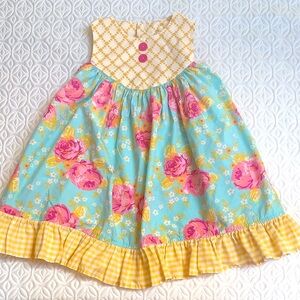 Eleanor Rose Blue and Pink Floral Kids Dress Size 5-6, 80 percent cotton